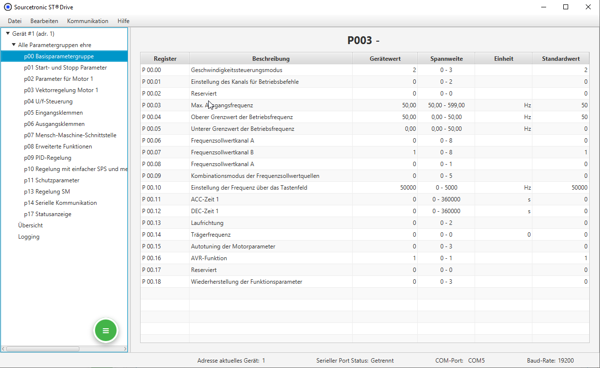 Parameterübersicht Screenshot Parameterübersicht
