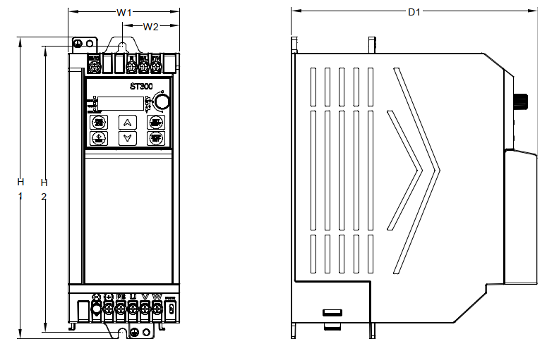 Ilustración de un convertidor de frecuencia ST300 con las designaciones H1, H2, W1, W2 y D1