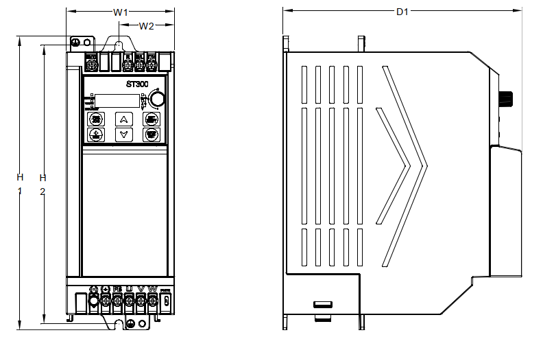 Rappresentazione di un inverter di frequenza ST300 con le etichette H1, H2, W1, W2 e D1